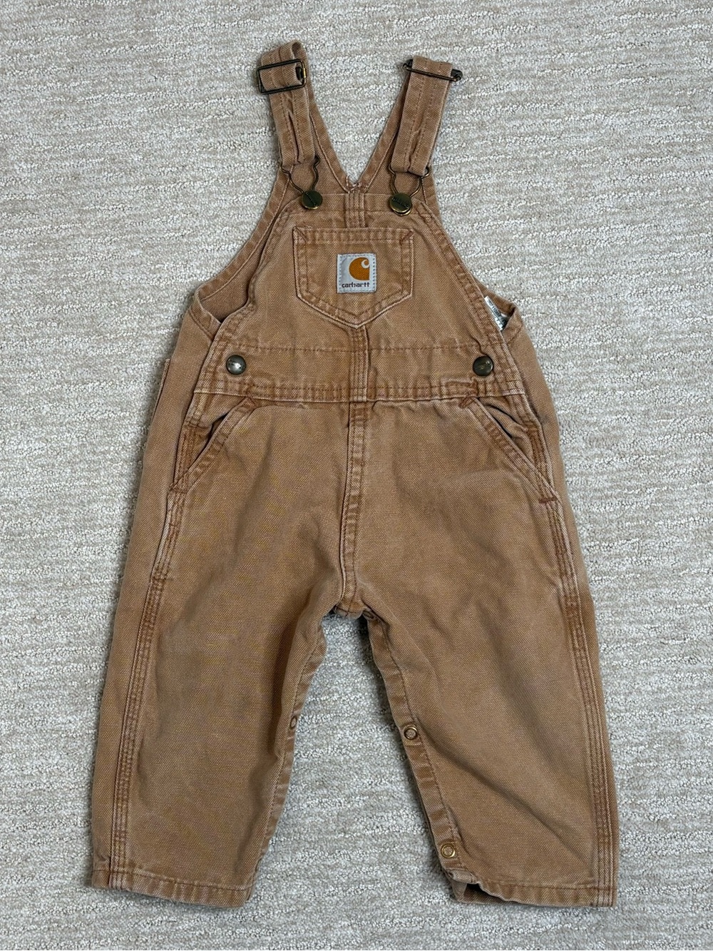 VTG Carhartt Baby Toddler Duck Bib Overalls Size 24M Leg Snaps One Piece Camel - Picture 9 of 9
